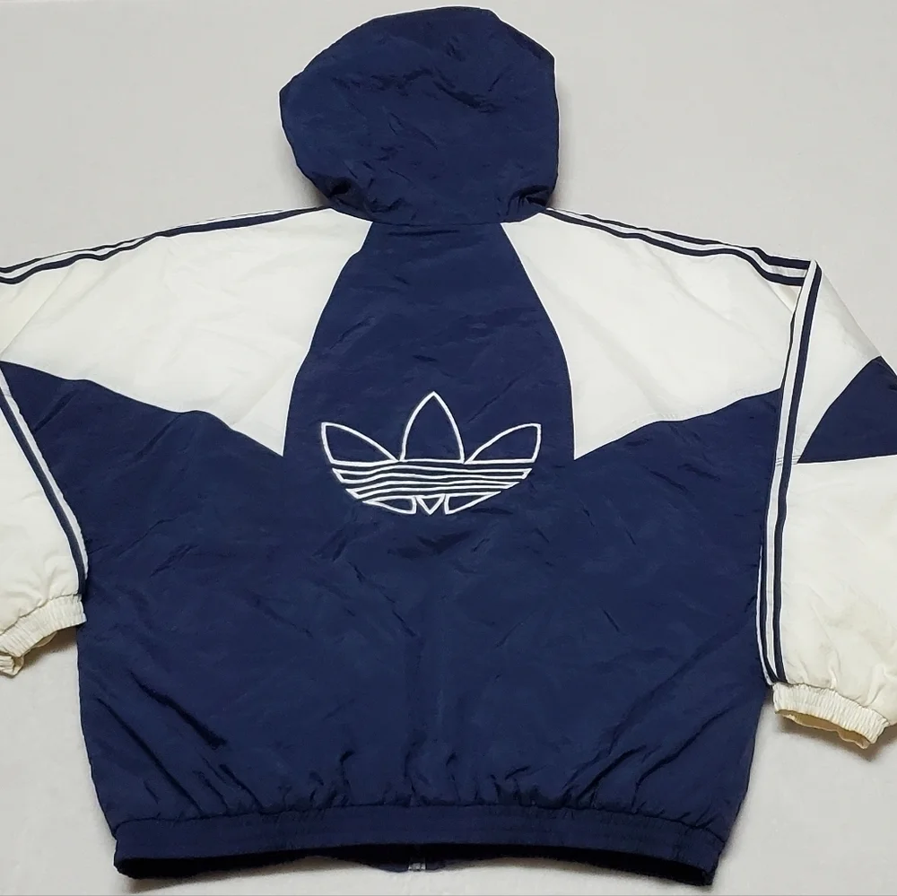 VINTAGE 90s Adidas Blue White Trefoil Logo Insulated Puffer Jacket Parka XL